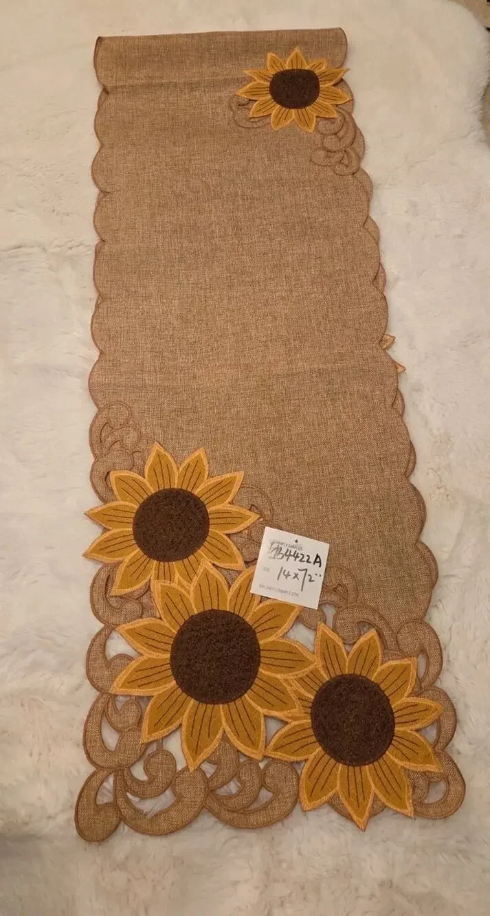Sunflower Table Runner 14x72 Faux Burlap Embroidered Cutwork EB4422A Rare Sample